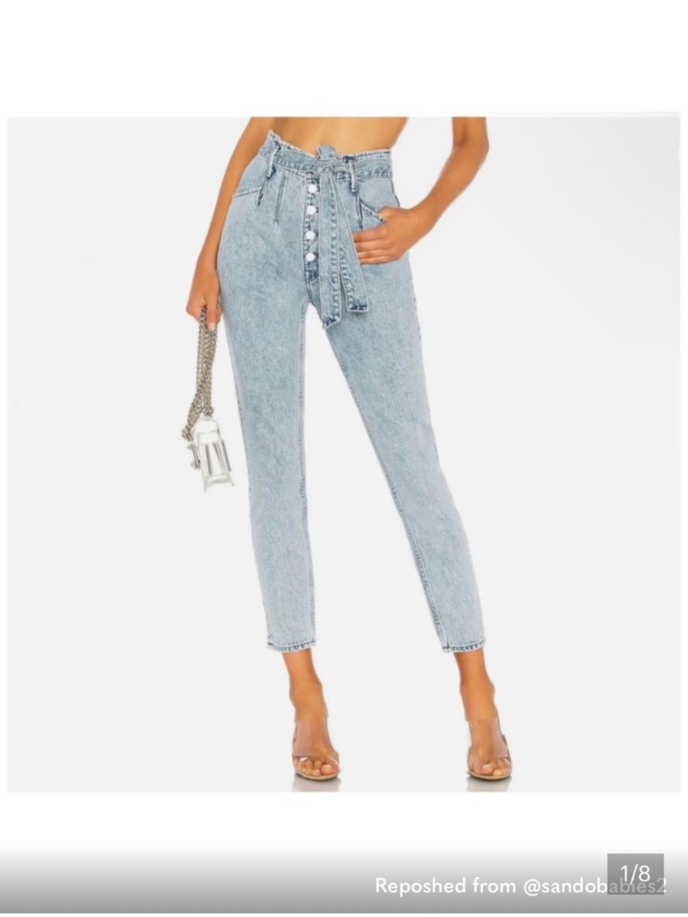 GRLFRND High-Rise Light Blue Paperbag Jeans with Tie Waist